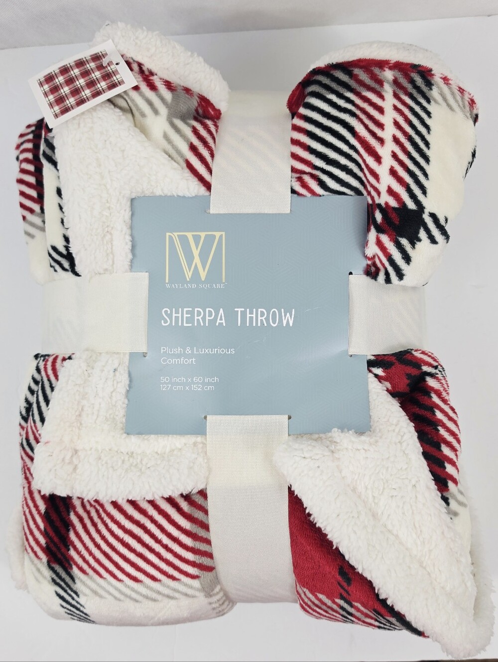 Wayland Square Red and Cream Plaid Sherpa Throw Blanket